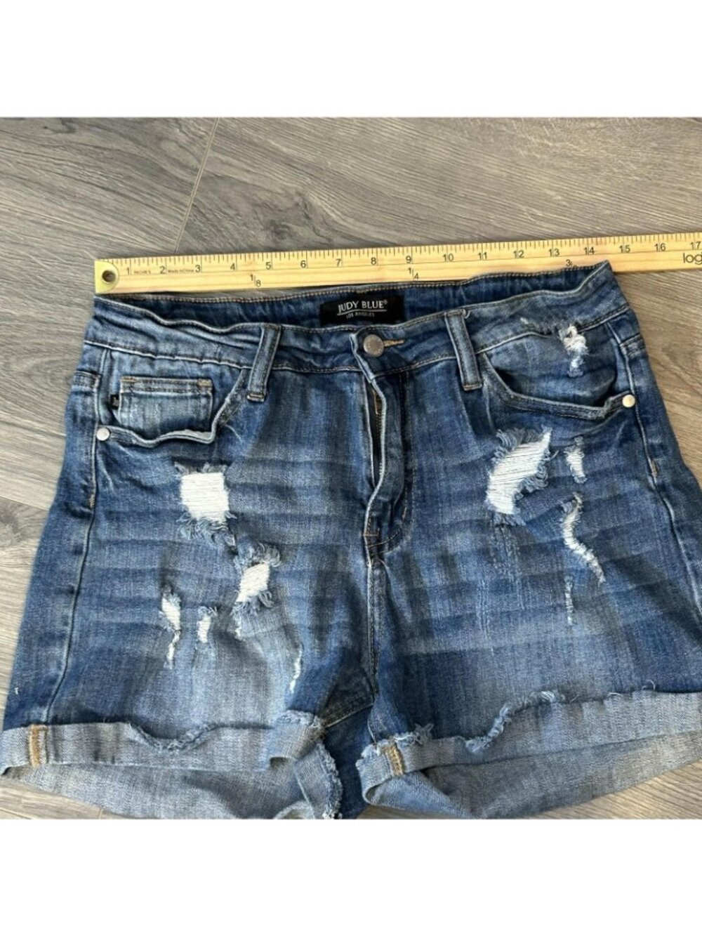Judy Blue Shorts Womens 29 Blue Denim Distressed Cut Off Cuffed Hem Stretch - Picture 7 of 9